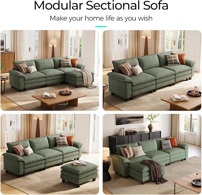 LINSY HOME 123'' Modular Sectional Sofa 3 Seat Couch Corduroy Cloud Couch with Deep Seat, Modern L-Shaped Cloud Couch with 1 Movable Ottoman for Living Room, Office, Bedroom, Green