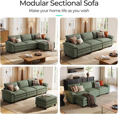 LINSY HOME 123'' Modular Sectional Sofa 3 Seat Couch Corduroy Cloud Couch with Deep Seat, Modern L-Shaped Cloud Couch with 1 Movable Ottoman for Living Room, Office, Bedroom, Green