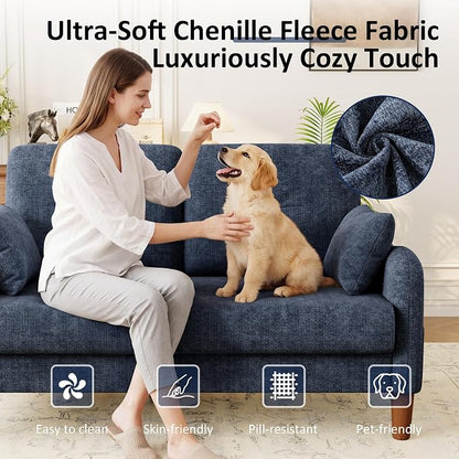 Vipbear 48" Loveseat Sofa,Modern Small Couches for Small Spaces,Blue Chenille Love Seat Couch for Living Room,Bedroom,Apartment,Office,Deep Seat,Throw Pillow,Side Pockets,Curved Armrest