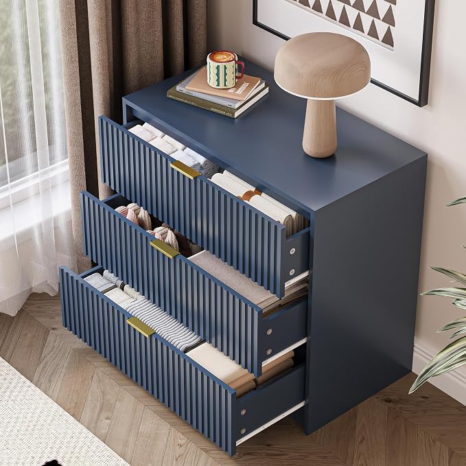 MAISONARIA 3-Piece Dresser Bedroom Set, 6 Drawer Dresser & 3 Drawer Nightstands with Gold Handles, Fluted Wood Chest of Drawers for Bedroom, Living Room, Entryway, Navy Blue