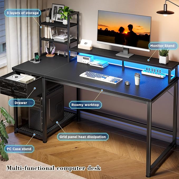 44 Inch Gaming Desk with Hutch and Drawers,Reversible Computer Desk with Monitor Shelf,Home Office Desks with USB Power Outlets and Storage,Pc Small Gaming Desk for Office with LED Lights,Black