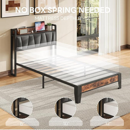 LIKIMIO Twin Bed Frames, Storage Headboard with Charging Station, Solid and Stable, Noise Free, No Box Spring Needed, Easy Assembly