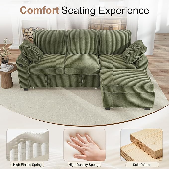 Hanherry 81" Sectional Couch with Pull Out Bed,3 Seat Corduroy Sleeper Sofa with Storage Ottoman & USB Charging,Comfy L Shaped Modular Couches for Living Room,Apartment