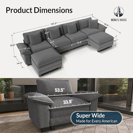 HERA'S HOUSE 158" Oversized Modular Sectional Sofa, Comfy U Shaped Couches for Living Room, Cloud Couch with Ottoman, 6-Seater Deep Seat Sofa with Throw Pillow, Corduroy Grey