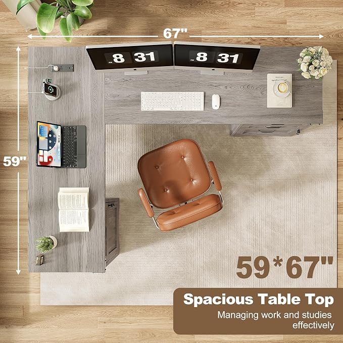 Decofy Farmhouse L Shaped Standing Desk with Storage Drawers, 67'' Corner Office Desk with File Cabinet & Charging Station, Wood Writing Computer Desk for Home Office, Study Room, Grey