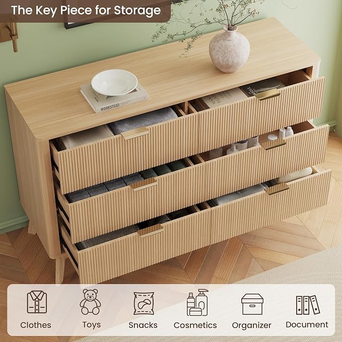 SUNWAVE 6 Drawer Dresser for Bedroom, 49.6" Wide Modern Fluted Dresser with Round Corner, Wood Chest of Drawers for Living Room (Oak)