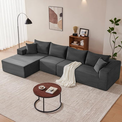 Mangodan 140” Cloud Sectional Couch, Modular Sectional Sofa with Deep Seat, Boneless Sofa for Living Room, Fluffy Comfy L-Shaped Couch with Left Facing Chaise, No Assembly Required, Grey