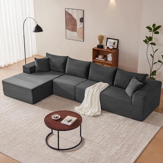 Mangodan 140” Cloud Sectional Couch, Modular Sectional Sofa with Deep Seat, Boneless Sofa for Living Room, Fluffy Comfy L-Shaped Couch with Left Facing Chaise, No Assembly Required, Grey
