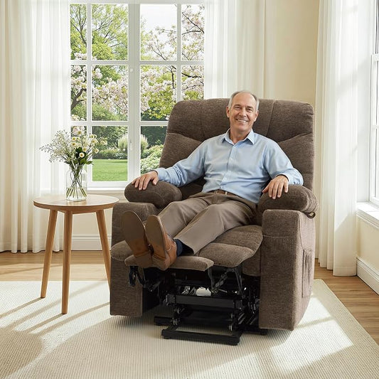 MCombo Power Lift Recliner Chair with Extended Footrest for Elderly People, Fabric 7283 (Brown, Large)