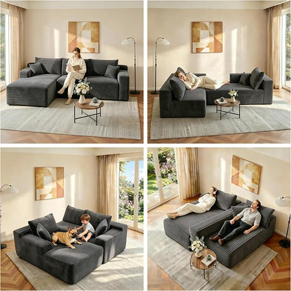 JINGLING 94" L Shape Couch with Left Chaise, Memory Foam Boneless Sectional Sofa in a Box, No Assembly Modular Small Couches for Small Spaces, Living Room, Apartments, Plush Corduroy, Dark Grey