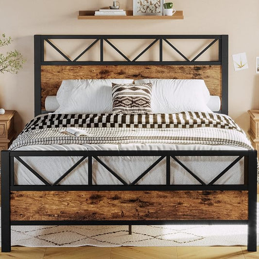 LIKIMIO Queen Bed Frame, Tall Industrial Headboard 51.2 ", Platform Bed Frame with Strong Metal Support, Solid and Stable, Noise Free, No Box Spring Needed, Easy Assembly, Vintage Brown