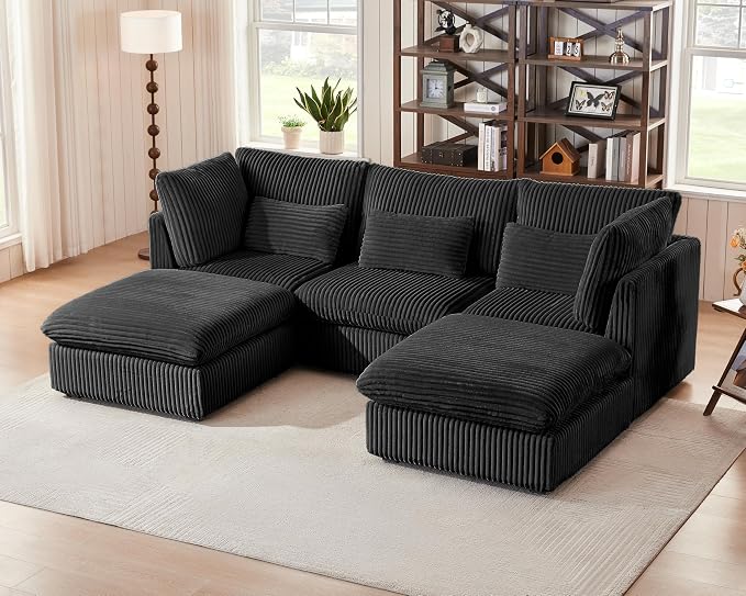 115" Oversized Corduroy Couch Modular Sectional Sofa, Washable Cloud Couch Sectional with 2 Ottoman, 5 Seater Sectional Couches for Living Room, Fully Cover Removable, U Shaped, Corduroy, Black