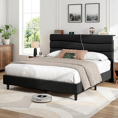 EnHomee Queen Size Bed Frame with Adjustable Height Headboard Upholstered Platform Bed Queen with Charging Stations,No Box Spring Needed,Easy Assembly,Noise-Free,Black