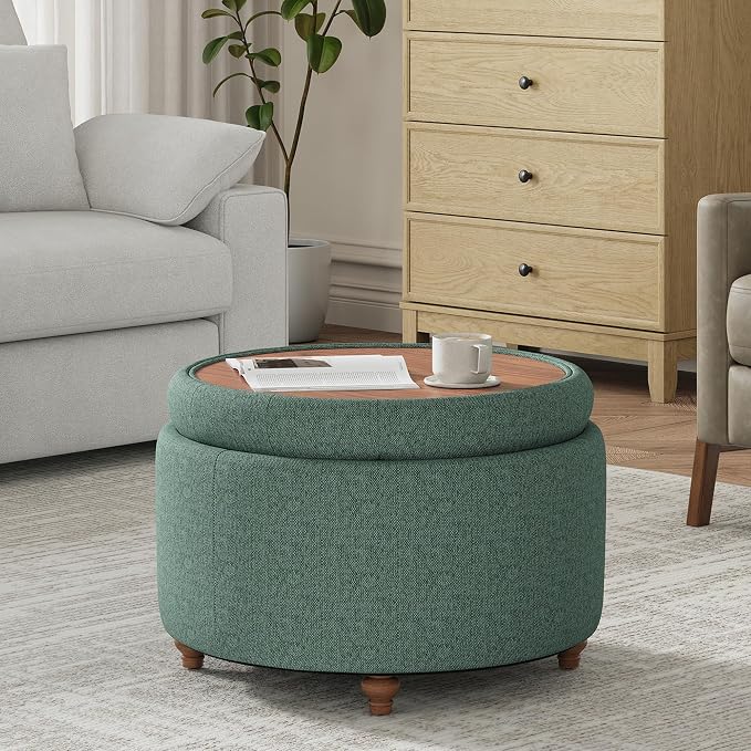 25Inch Round Ottoman with Storage, Tufted Fabric Modern Circle Ottoman with Reversible Tray Lid and Wood Legs, Multi-Functional Small Coffee Table for Living Room, Bedroom, Green