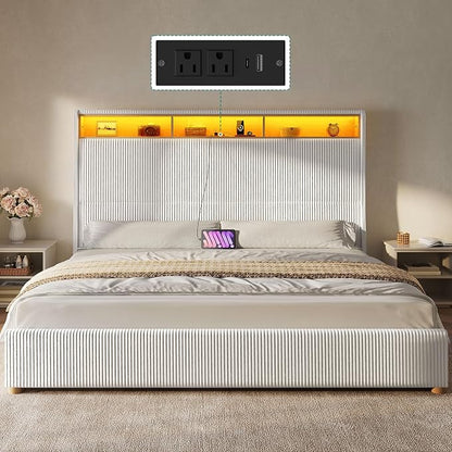 DWVO King Size Corduroy Upholstered Platform Bed Frame with Charging Station and RGB LED Lights, 53’’ Tall Storage Wingback Headboard, No Box Spring Needed, Easy Assembly, Noise-Free, White