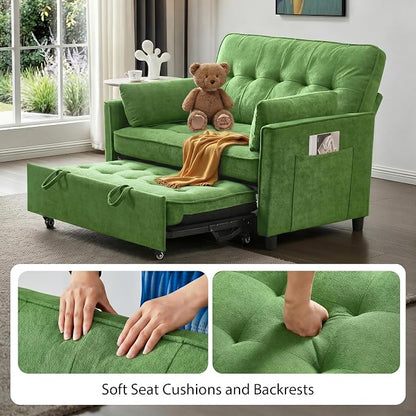 Convertible Sofa Bed, 3 in 1 Pull Out Couch, Loveseat Sleeper with Side Pocket, Sleeper Sofa with Adjustable Backrest | USB Charging Port | Two Pillows | Fabric | Light Green