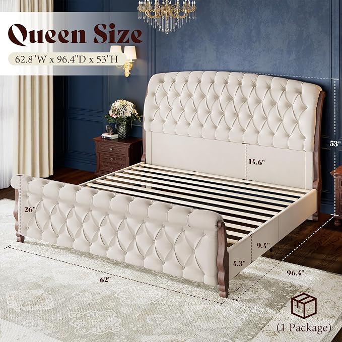 AMERLIFE Upholstered Queen Bed Frame, 53" Tall Sleigh Bed with Button Tufted Chenille Headboard and Footboard, Platform Bed with Carved Solid Wood Legs, No Box Spring Needed, Cream
