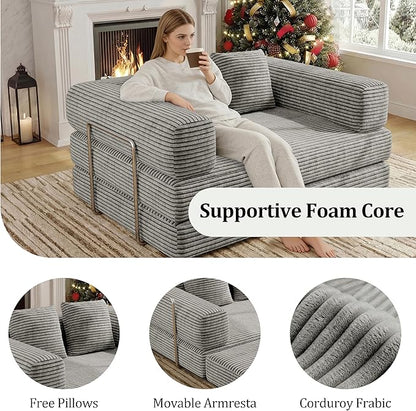 BSHOMGI 4 in 1 Convertible Sofas Boneless Couches with 2 Pillow, Modern Corduroy Futon Bed, Modular Queen Sofa with Pull-Out Bed, LoveSeat for Living Room, Small Space Apartment 53.15" Double Sofa
