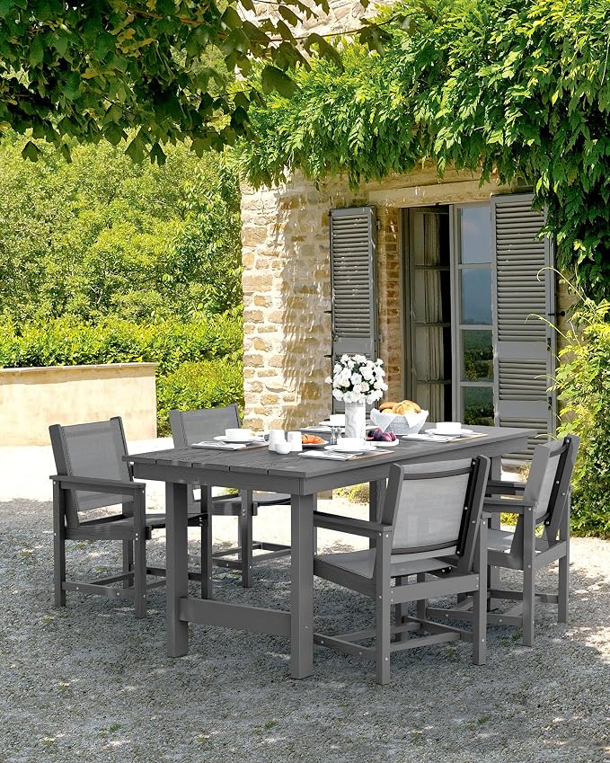 SERWALL Patio Dining Sets for 6, Outdoor HDPE Dining Set with Umbrella Hole Cut-Out Table and 6 Woven Chairs, Gray