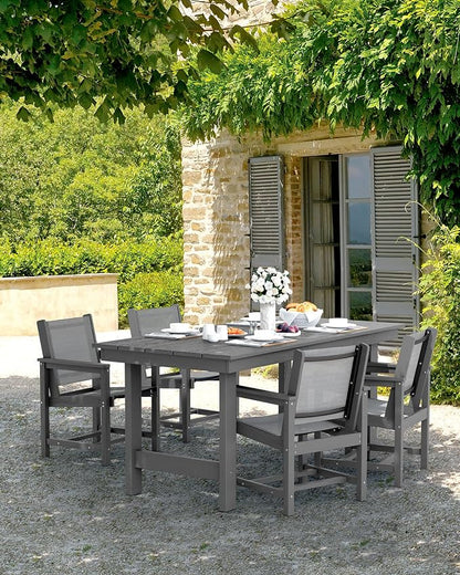 SERWALL Patio Dining Sets for 6, Outdoor HDPE Dining Set with Umbrella Hole Cut-Out Table and 6 Woven Chairs, Gray