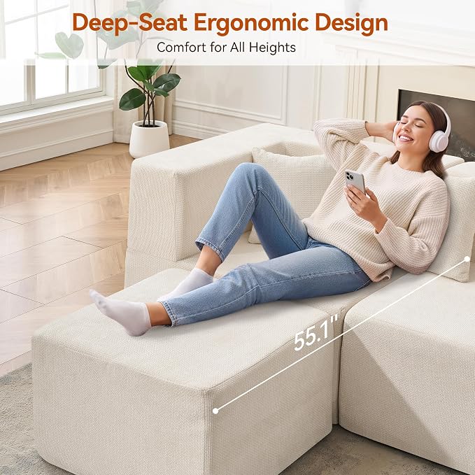 MONVANE 103'' Modular Sectional Sofa, Cloud Sectional Couch with Ottoman, Convertible Chenille L Shaped Couch with Deep Seat, Sectional Couches for Living Room Bedroom, No Assembly Required, Beige