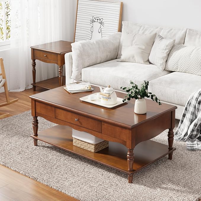Rectangle Coffee Table with Drawers for Living Room, Solid Wood Coffee Table with Storage Shelf, Mid Century Modern Cherry Wood Coffee Tables, Large Countertop Center Table, Cherry Walnut KFZ-C008-DR