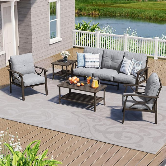 FansaFurn 5-Pieces Outdoor Patio Furniture Set, Outdoor Metal Sectional Furniture with Cushions, Outdoor Conversation Seating Set with Coffee Table for Garden, Balcony, Deck, Backyard, Grey