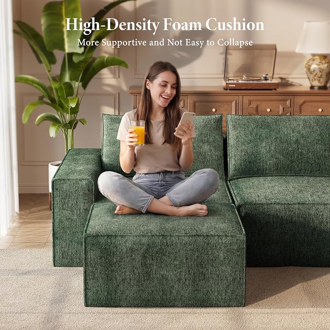 Vesgantti 114" Modular Boneless Couch, Modern 3 Seater Sectional Sofa with Ottoman & Deep Seat, Convertible Chenille L Shaped Cloud Couches for Living Room, No Assembly Required, Green