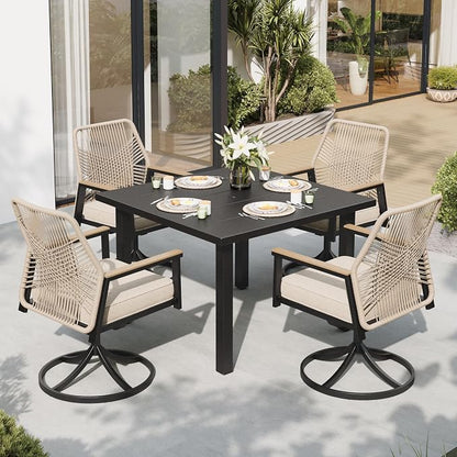 Patio Dining Set 5 Piece, 4 x Woven Rattan Swivel Chairs with Waterproof Cushion, 34.2" Square Metal Dining Table with Umbrella Hole, Outdoor Table and Chairs Set for Backyard Lawn and Deck, Beige