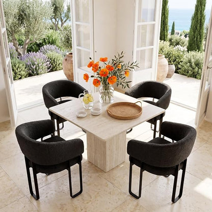 Modern Barrel Dining Chairs Set of 4, Black Boucle Kitchen Chairs with U-Shaped Stainless Steel Legs, Armchair with Open Back for Living Room Bedroom Makeup Room