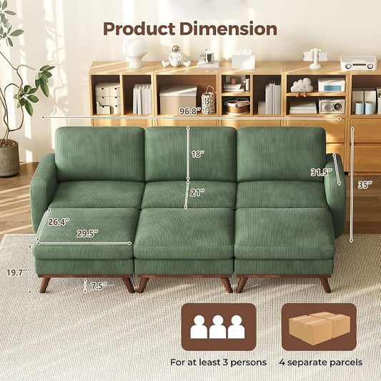 Vesgantti 97" Modular Sectional Sofa Green, Sectional Couch with Movable Ottoman, Comfy Corduroy Couch with Spring Cushion, Modular Sofa with Deep Seat for Living Room, Bedroom and Apartment