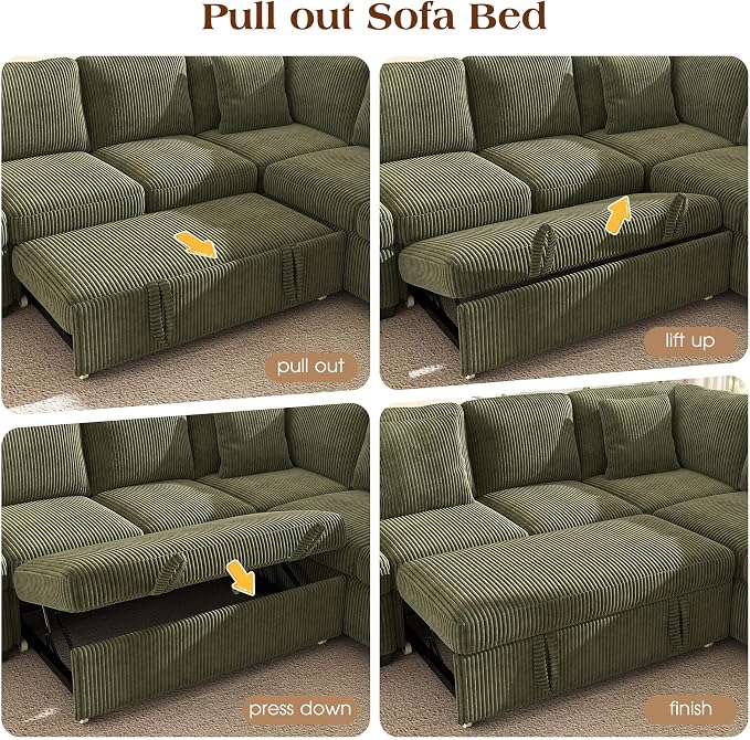 Ihanherry 6-Seater Large Sectional Sofa Bed with Storage Ottoman, Corduroy Reversible Modular Sleeper Sofa Couch with USB Port, 104" L-Shaped Convertible Couch for Living Room（Green）