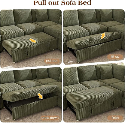 Ihanherry 81-inch Corduroy Modular Sectional Sofa Bed with Storage Ottoman & USB Port, Reversible 3-Seater L-Shaped Sleeper Sofa, Left or Right Fasing Chaise for Living Room（Green）