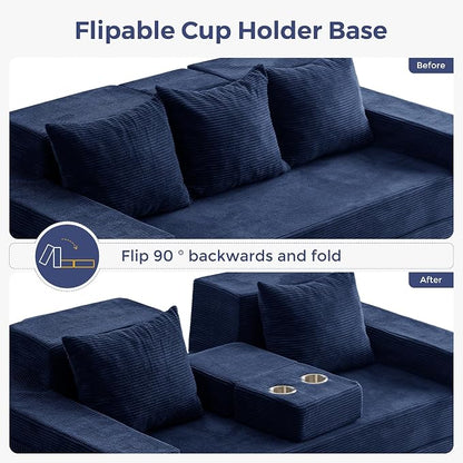 MAXYOYO Convertible Sofa Bed, 80" Oversized Boneless Loveseat Couch 4 in 1 Foldable Floor Sofa Couch in A Box with 2 Cup Holders, Folding Chair for Living Room, No Assembly Required, Navy