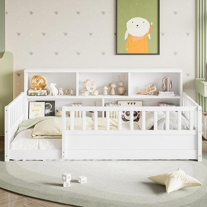 Bellemave Twin Size Montessori Floor Bed with Bookcase, Twin Floor Bed with Rails and Storage Shelves, Easy Assemble Montessori Beds Frame for Girls, Boys, White