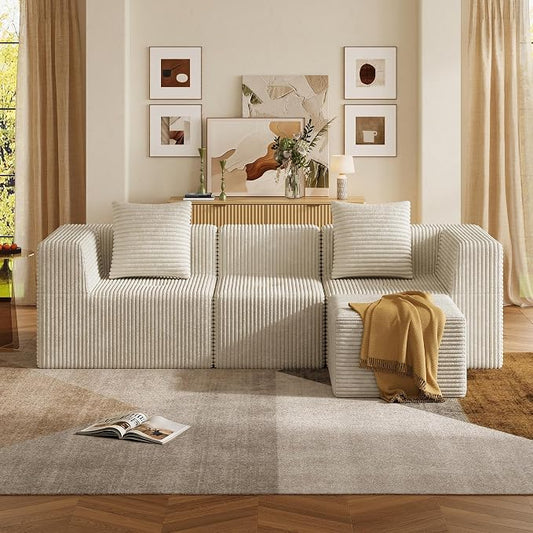 WLIVE 108'' Cloud Sectional Couches for Living Room, Modular Boneless Couch with Facing Chaise, L Shape Memory Foam Corduroy, with Ottoman, Greyish Beige