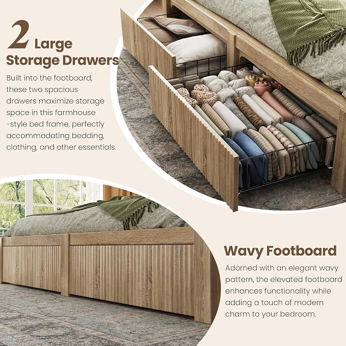 CypBed Queen Size Bed Frame with Headboard and Storage Drawers, Queen Bed Frame with LED Light and Charging Port, Farmhouse Wavy Design, Wood & Metal Platform, Noise-Free, No Box Spring Needed, Wood