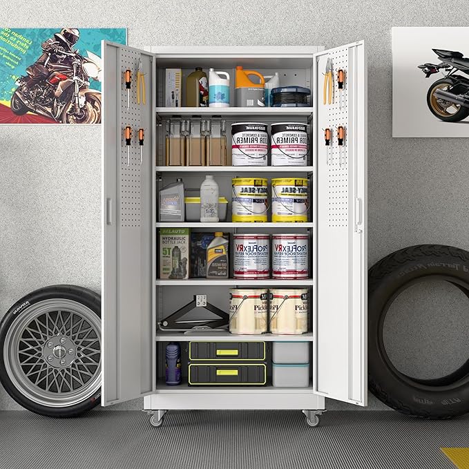 Aobabo 71" White Metal Storage Cabinet with Wheels and Pegboard | 16"D x 32"W x 71"H steel cabinet; lockable doors, 5 adjustable shelves, and wheels for garage, office, pantry.