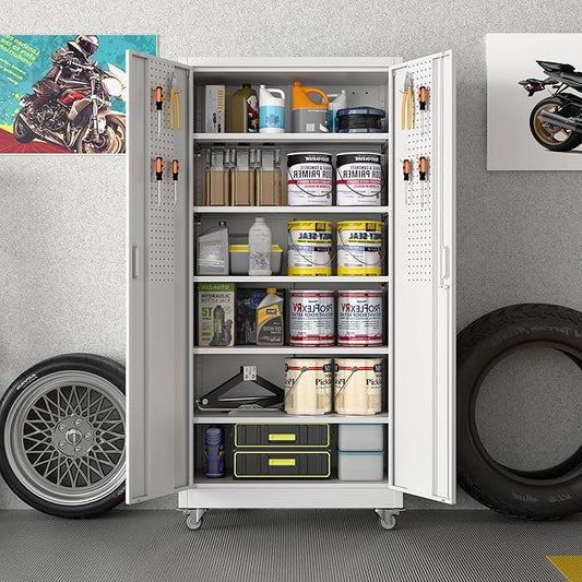 Aobabo 71" White Metal Storage Cabinet with Wheels and Pegboard | 16"D x 32"W x 71"H steel cabinet; lockable doors, 5 adjustable shelves, and wheels for garage, office, pantry.