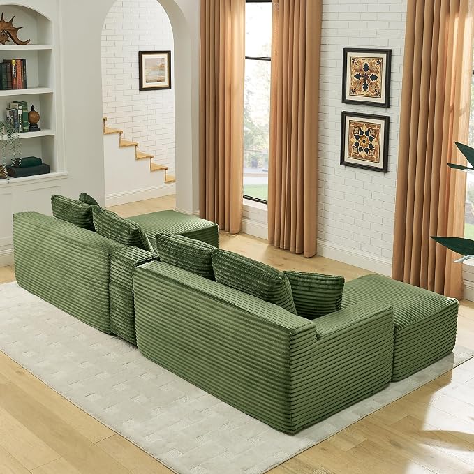 127" U-Shaped Cloud Sectional Couch Oversized Modular Compressed Boneless Sectional Sofa with Ottoman Chaise Lounges & Console, Plush Corduroy Boneless Symmetrical Sofa