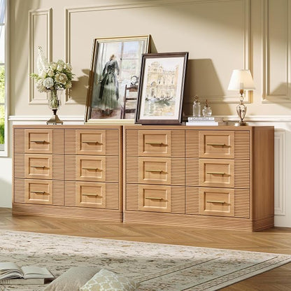 RECHHX Farmhouse 6 Drawers Dresser for Bedroom, 47.2" Wide Large Modern Chest of Drawers, Wooden Thermoformed Curved Dresser Organizer for Bedroom, Living Room, Natural Oak