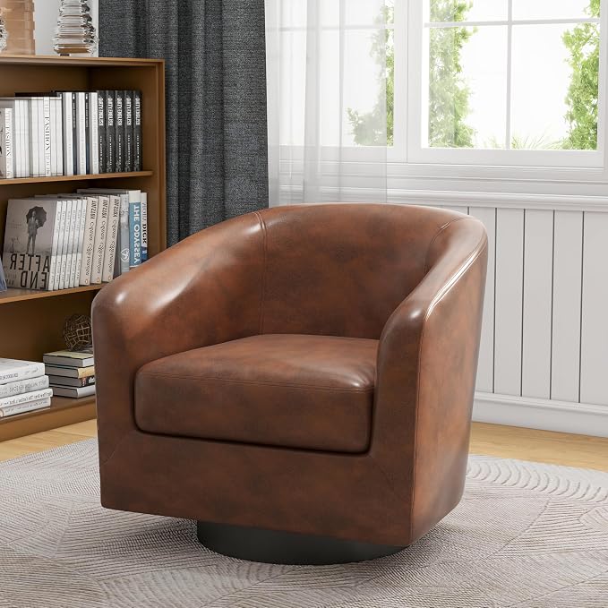 360° Swivel Barrel Accent Chair Armchair, Faux Leather Modern Round Club Arm Chair Upholstered Single Sofa Seating Corner Nook Side Reading Seat for Living Room, Office, Bedroom - Coffee Brown