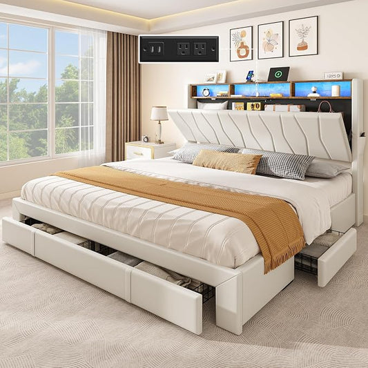 YITAHOME Queen Size Bed Frame, Storage Bed Frame with 4 Drawers & LED Light, Platform Bed with Storage Upholstered Headboard and Charging Station, No Box Spring Needed, Easy Assembly, Beige