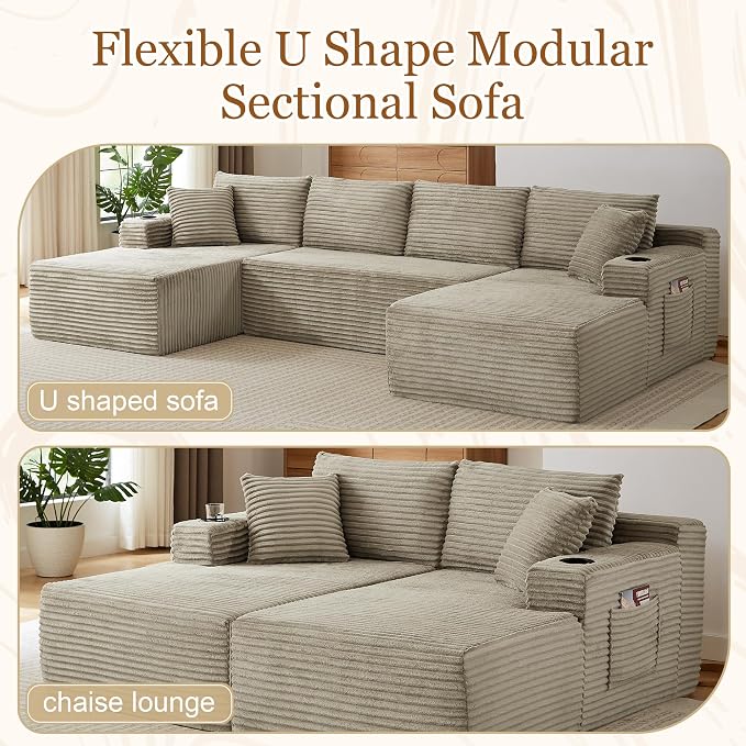 134 Inch Modular Sectional Sleeper Sofa, Boneless Cloud Couch for Living Room, U Shaped 5 Seat Sofa with 2 Storage Pockets& 2 Cup Holders, Free Combination, No Assembly Required