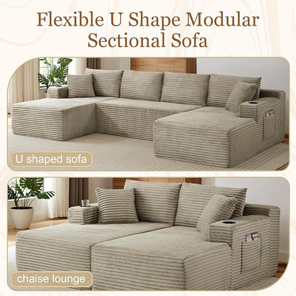 134 Inch Modular Sectional Sleeper Sofa, Boneless Cloud Couch for Living Room, U Shaped 5 Seat Sofa with 2 Storage Pockets& 2 Cup Holders, Free Combination, No Assembly Required