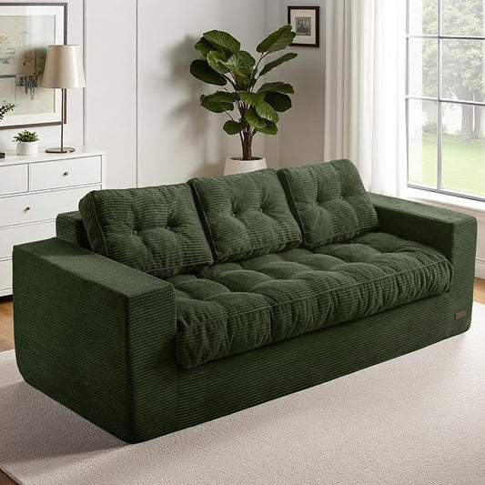 MAXYOYO Oversized Loveseat Sofa Couch, Upholstered Bean Bag Chair Cloud 3-Seat for Adults, Boneless Couch with Tufted Cushion & Pillows, Sofa in A Box, No Assembly Required, Dark Green
