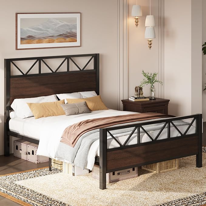 LIKIMIO Queen Bed Frame, Tall Industrial Headboard 51.2 ", Platform Bed Frame with Strong Metal Support, Solid and Stable, Noise Free, No Box Spring Needed, Easy Assembly, Dark Brown