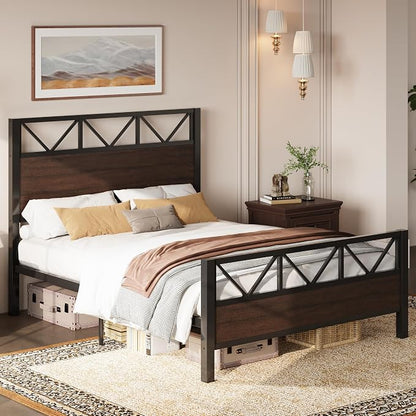 LIKIMIO Queen Bed Frame, Tall Industrial Headboard 51.2 ", Platform Bed Frame with Strong Metal Support, Solid and Stable, Noise Free, No Box Spring Needed, Easy Assembly, Dark Brown