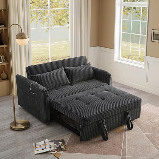 55.5" Corduroy Convertible Sofa Bed, Pull Out Sleeper Sofa Bed, Loveseat Couch with USB Charging Ports, 3 in 1 Convertible Sleeper Sofa Bed for Living Room, Apartment, Bedroom, RV, Grey