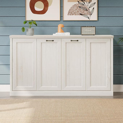 Ball & Cast Horizontal Murphy Bed Twin Size Wall Bed,Folding into Cabinet Hideaway Bedframe w/Metal Frame and Wood Slat Support,Space Saving Furniture for Boy Girl Bedroom,Student,Rustic White